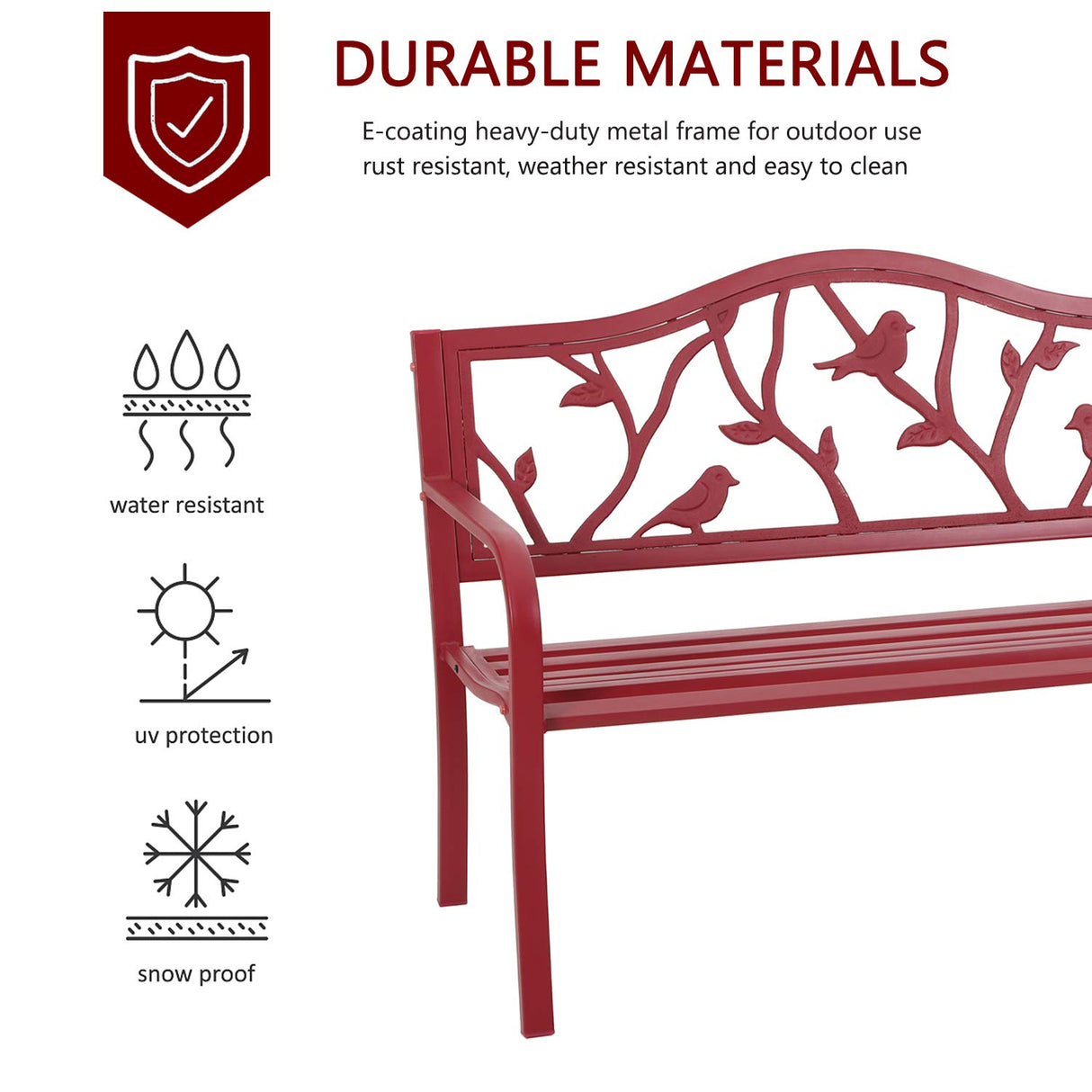 50" Outdoor Garden Bench,Steel Metal Frame Park Bench with Bird Pattern