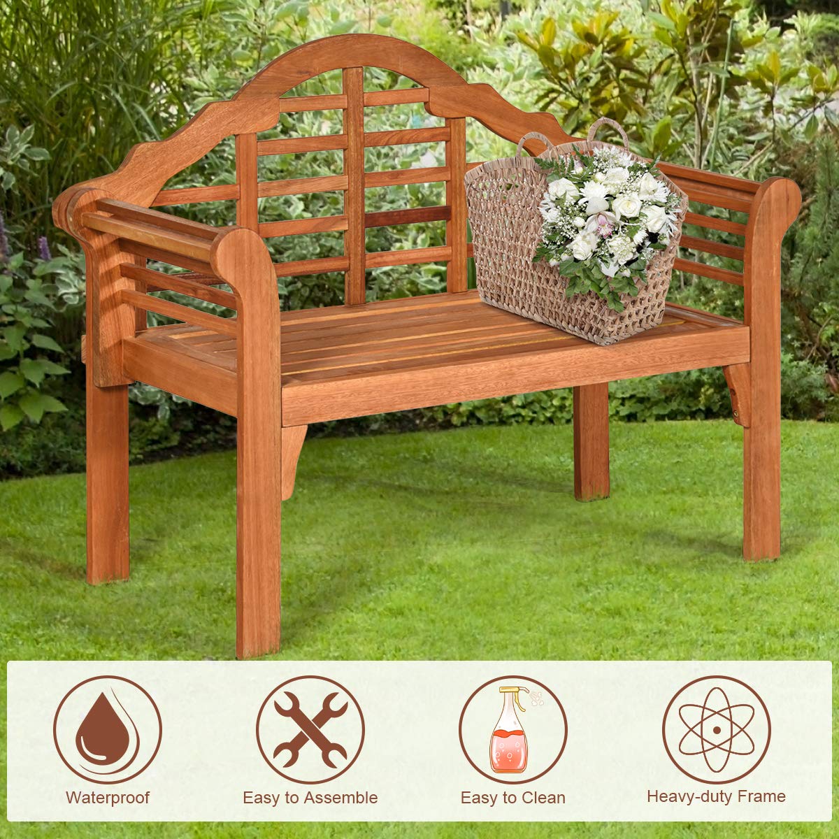 Outdoor Eucalyptus Wood Bench, 4 Ft Foldable Solid Wood Garden Bench