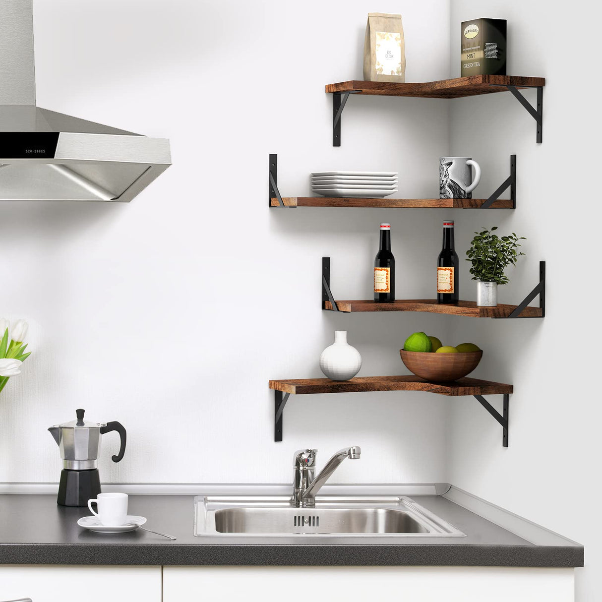 Floating Corner Shelves for Wall Décor Storage, Wall Shelves Set of 4