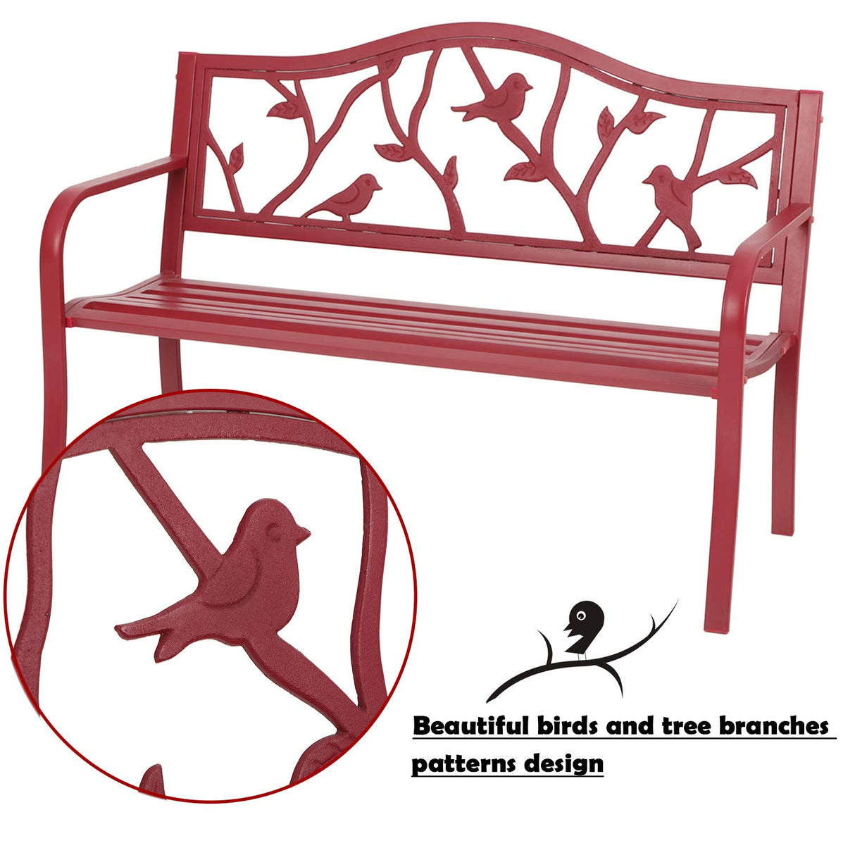 50" Outdoor Garden Bench,Steel Metal Frame Park Bench with Bird Pattern