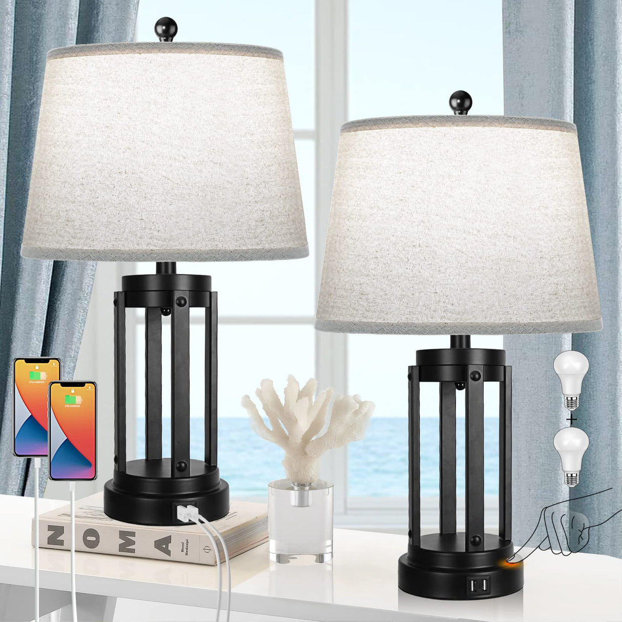 Table Lamps Set of 2 with USB Ports, 3-Way Dimmable Farmhouse