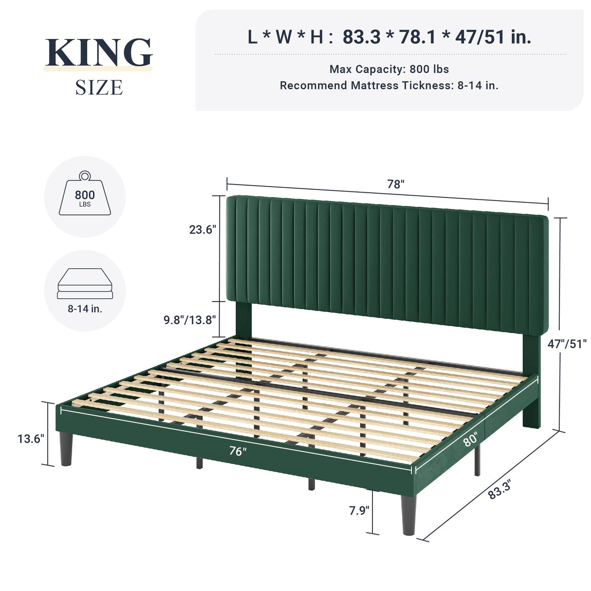 King Bed Frame, Velvet Upholstered Platform Bed with Adjustable Vertical Channel