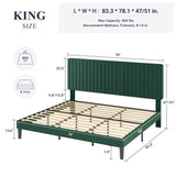 King Bed Frame, Velvet Upholstered Platform Bed with Adjustable Vertical Channel