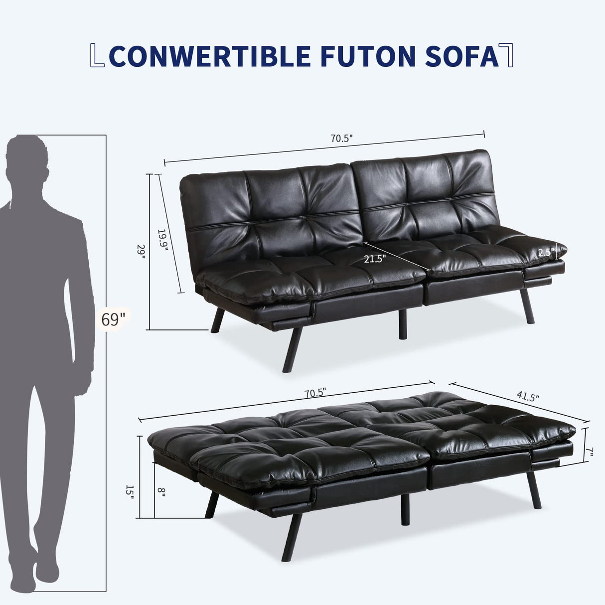 Futon Sofa Bed, Faux Leather Memory Foam Couch Futon Sets, Convertible Sofa