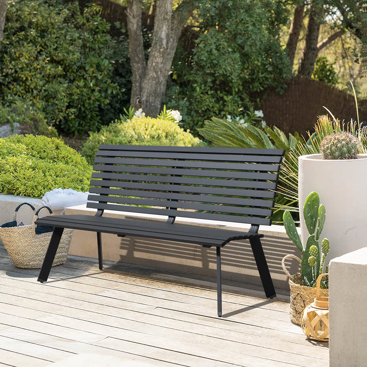 Outdoor Aluminum Garden Bench, Patio Porch Chair Furniture, Slatted Design
