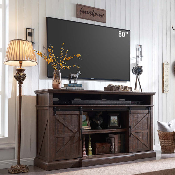 Farmhouse TV Stand for 80 Inch TVs, 39" Tall Entertainment Center w/Double Sliding Barn Door