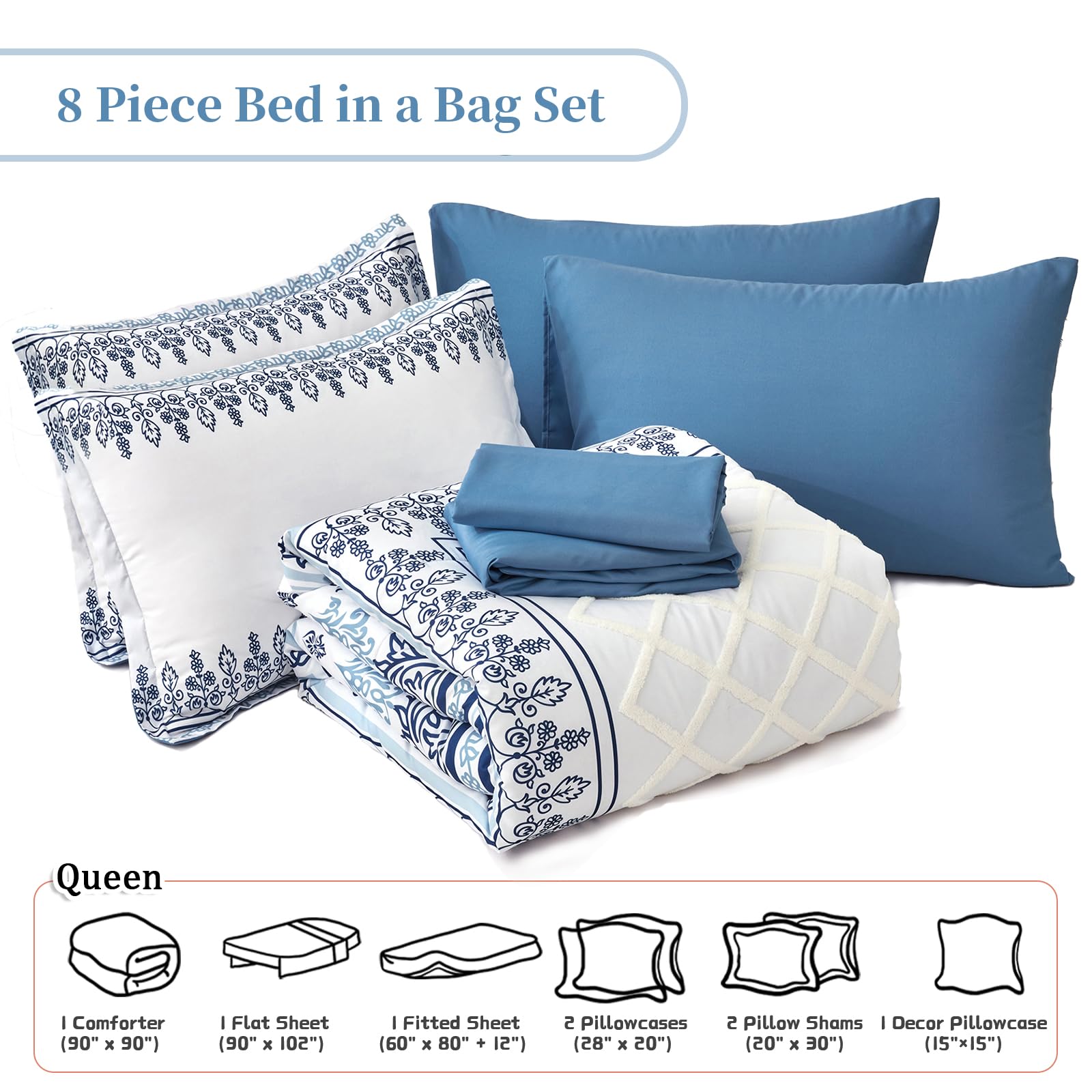 8 Pieces Blue Floral White Tufted Bedding Bed in a Bag Sets