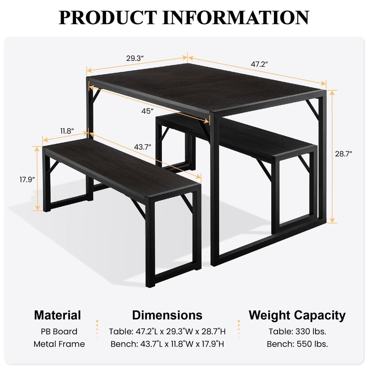 Dining Table Set with Two Benches, Rustic Kitchen Table Set for 4 People, Space-Saving