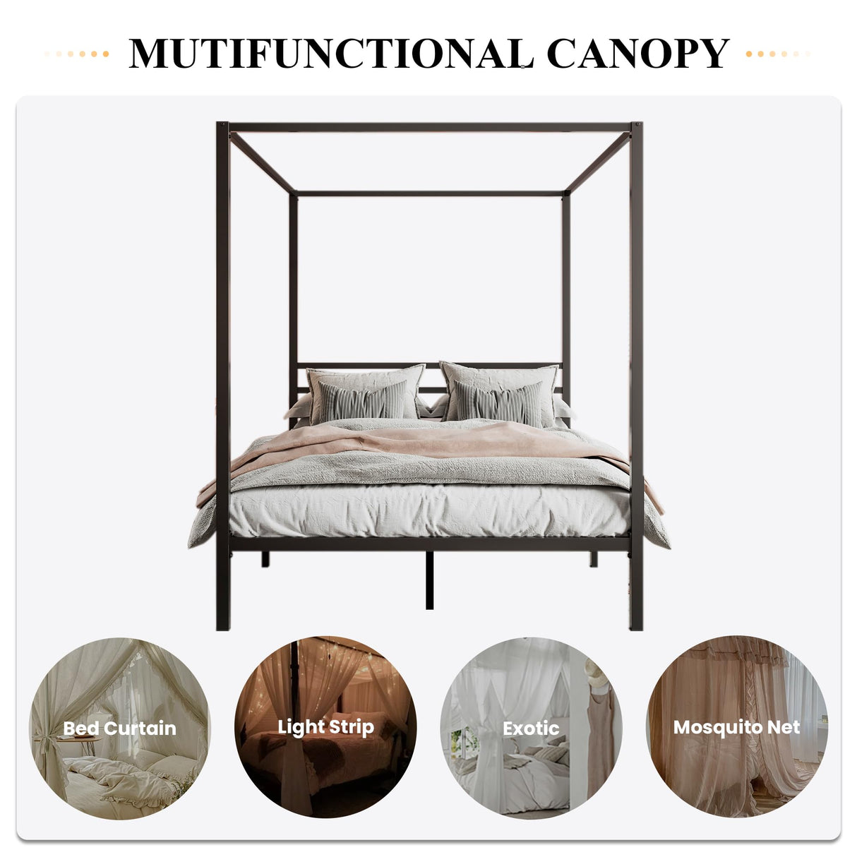 Metal Canopy Bed Frame Queen Size/Mattress Foundation with Metal Slats