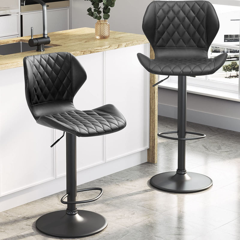 Leather Bar Stools Set of 2 Black Adjustable Height Bar Chairs