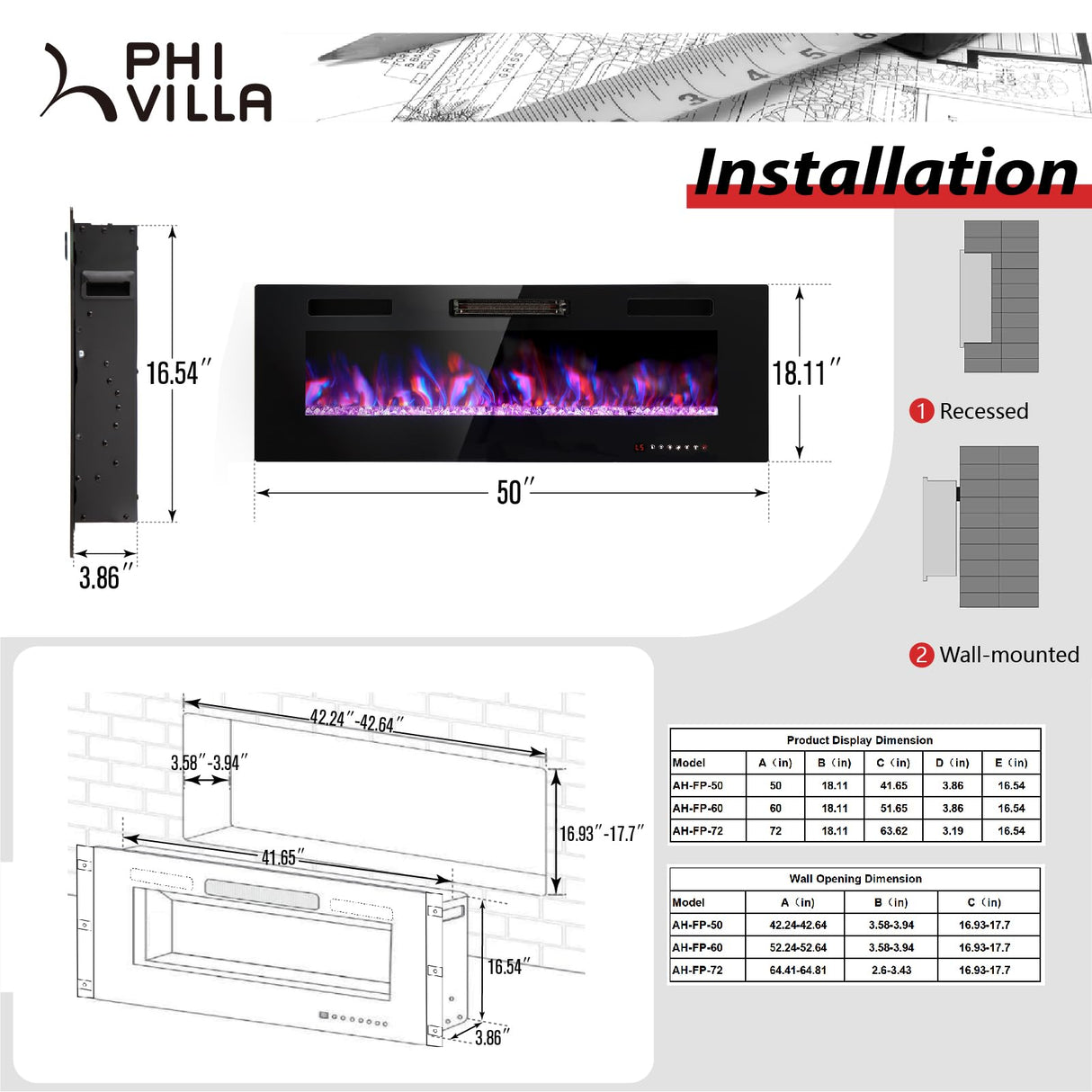 50" Electric Fireplace Wall Mounted & Recessed