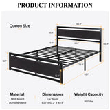 Bed Frame with Modern Wooden Headboard/Heavy Duty Platform Metal Bed Frame