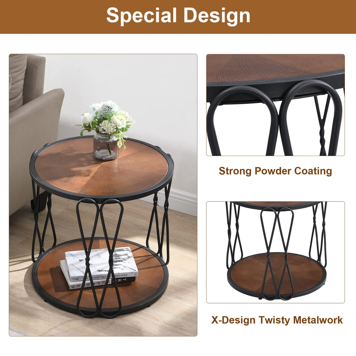 Color Variation End Table-Wood Frame Side Table Round Coffee