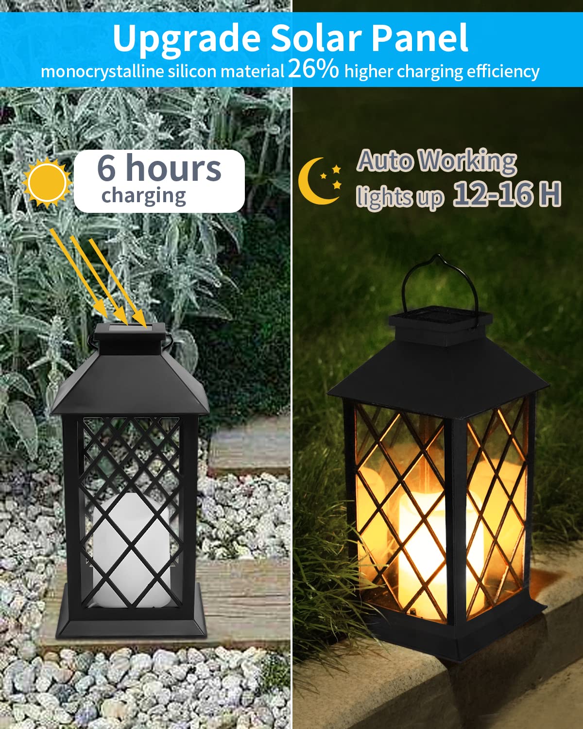 Solar Lanterns Outdoor Waterproof, 14 Inch Outdoor Lanterns with LED Flickering Flameless Candles