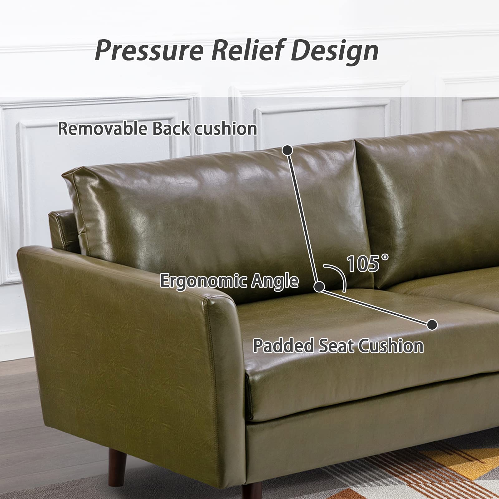 80'' Faux Leather Sofa Couch, Mid-Century Modern Sofa with Solid Wooden Frame