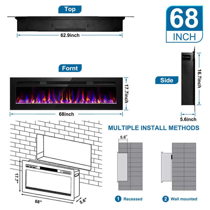 68 Inch Electric Fireplace Recessed and Wall Mounted