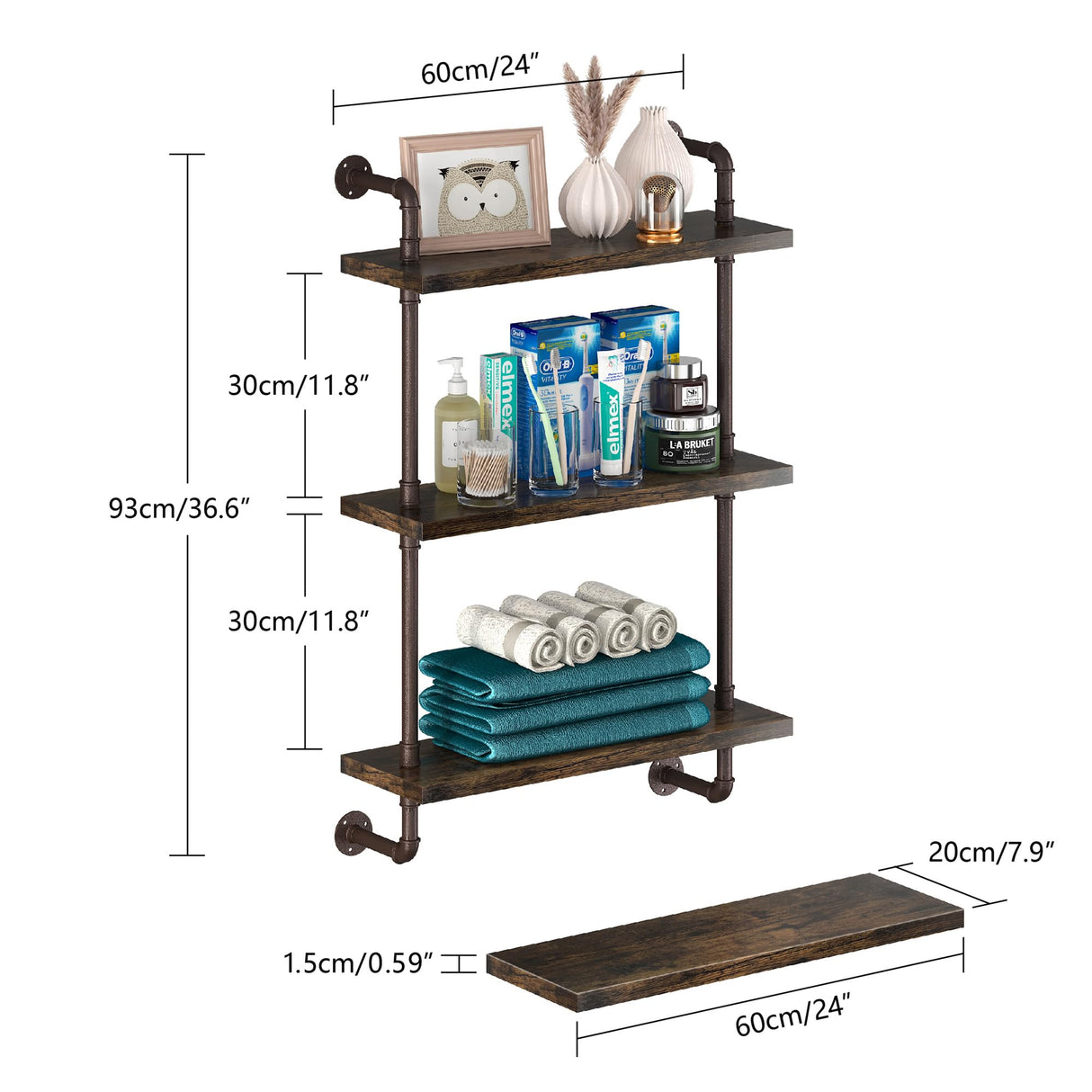 Industrial Pipe Shelving Wall Mounted 24 Inch, 3 Tier Bathroom Floating Shelves