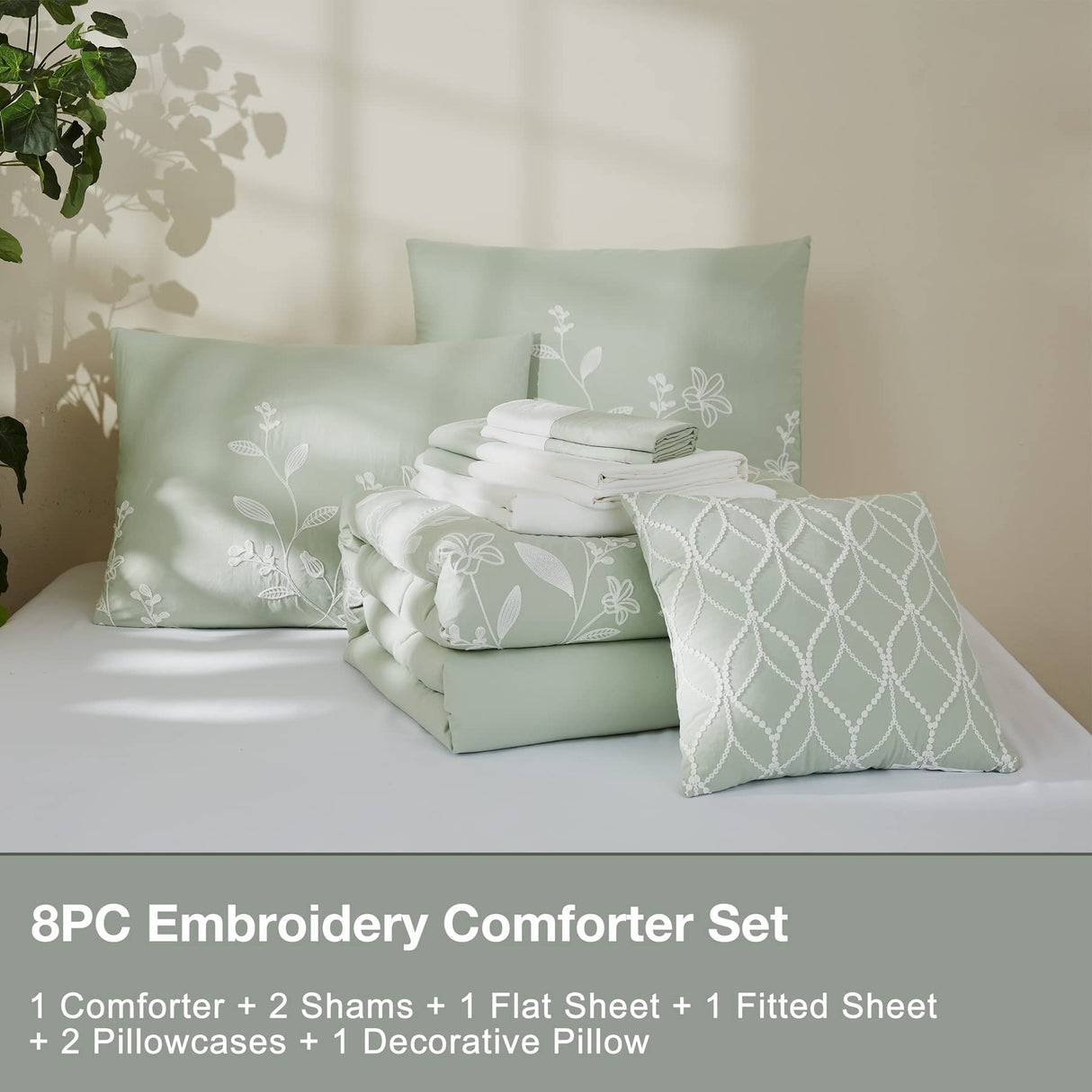 Sage Green Comforter Set Full Size 8 Piece, Farmhouse Floral Embroidery Bedding Set Full