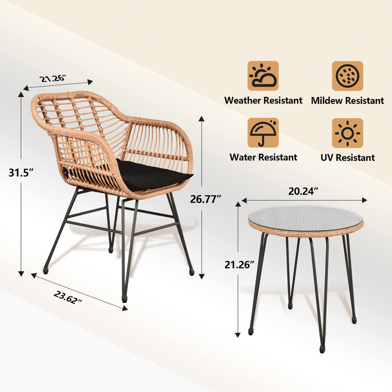 3 Piece Patio Conversation Bistro Set Porch Furniture Rattan Wicker Chairs