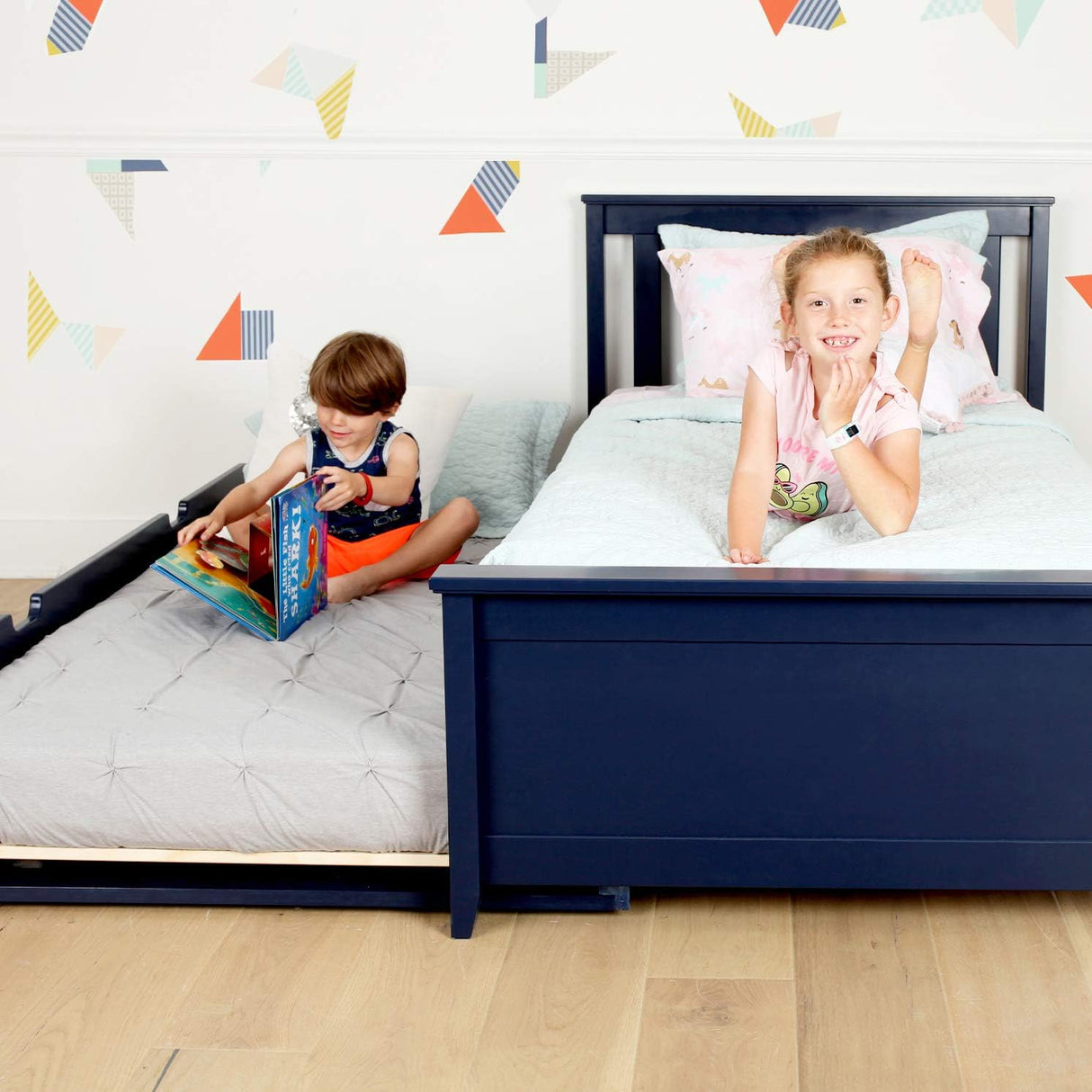 Twin Bed, Wood Bed Frame with Headboard For Kids with Trundle