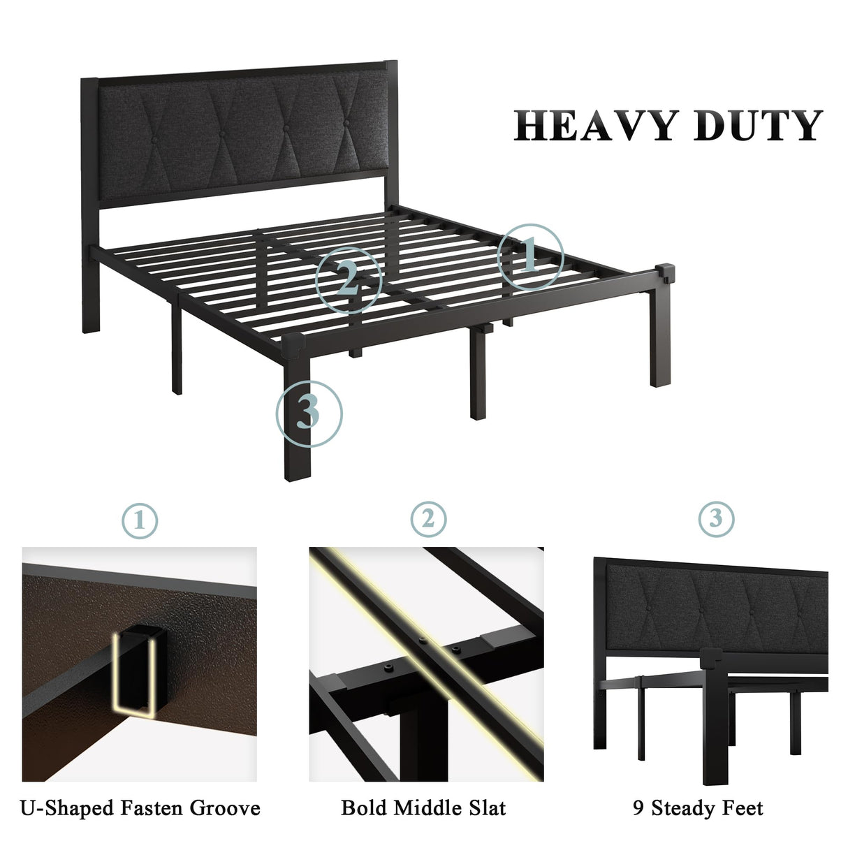 Queen Size Metal Bed Frame with Fabric Button Tufted Headboard, Platform Bed Frame