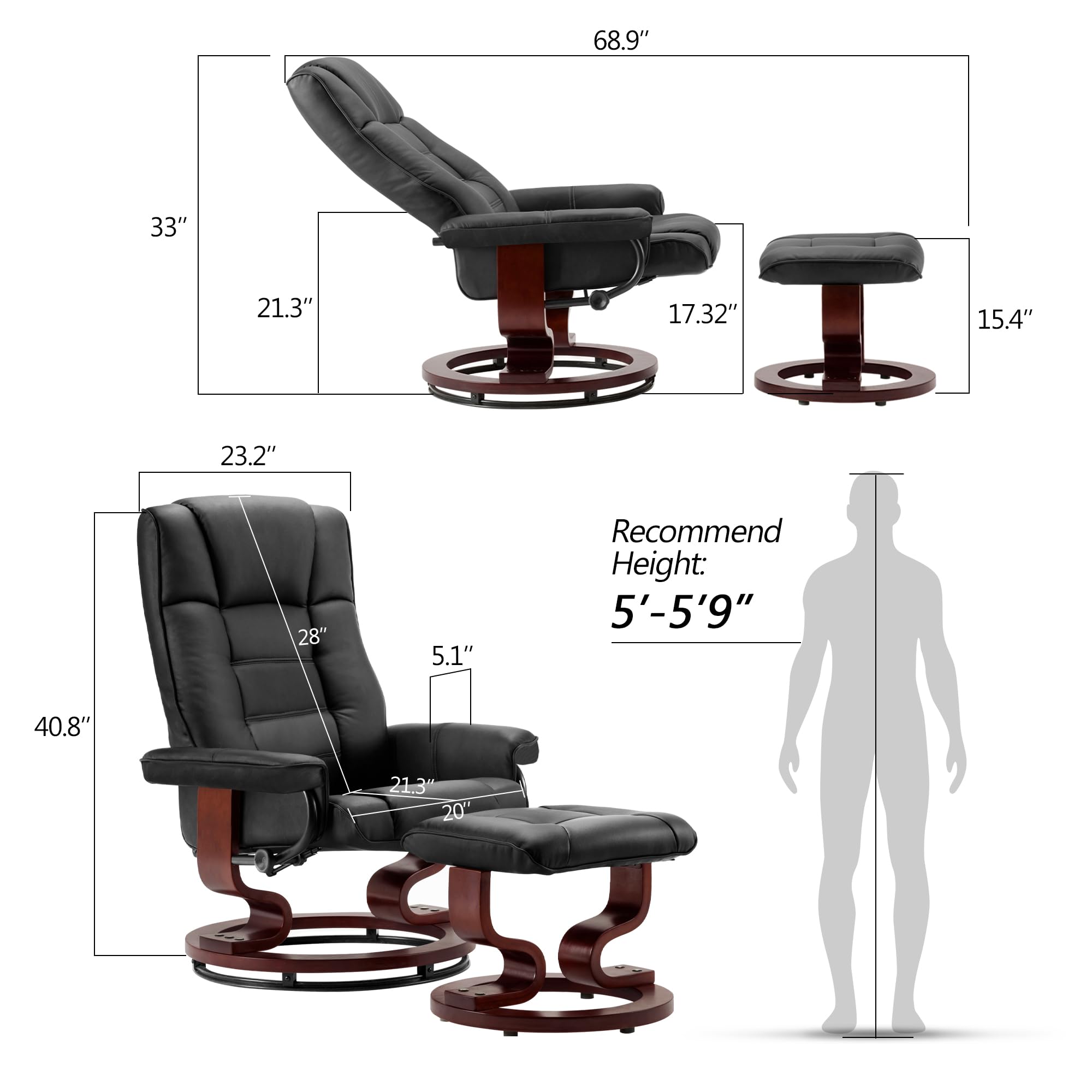 RelaxOrb Leather Recliner with Ottoman – 360° Swivel & Thick Padding