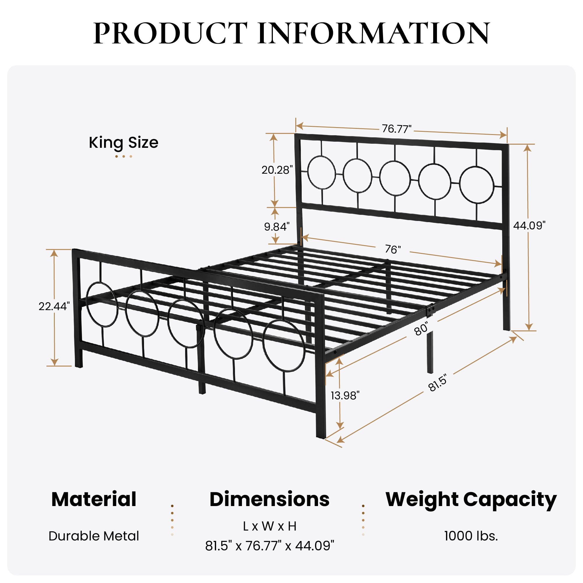 King Size Metal Bed Frame with Vintage Circular Design Headboard and Footboard