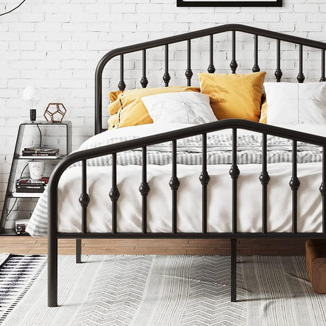 Queen Size Metal Bed Frame with Vintage Headboard and Footboard, Heavy Duty Bed