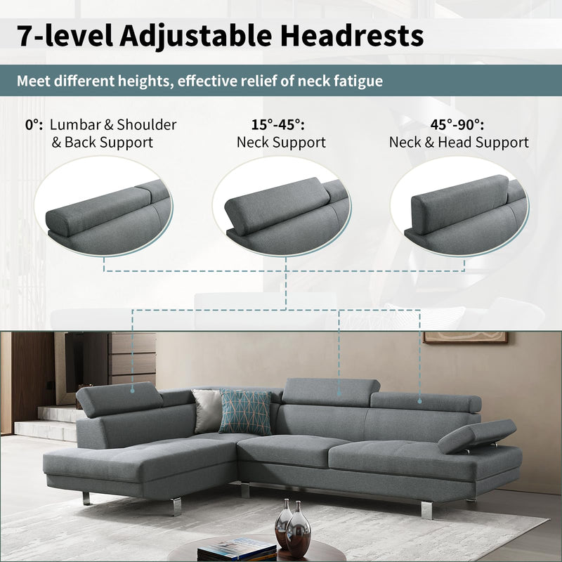 104.5" L-Shaped Sectional Sofa with Adjustable Headrests and Armrest, Modern Corner Couch with Chaise Fuiniture Set
