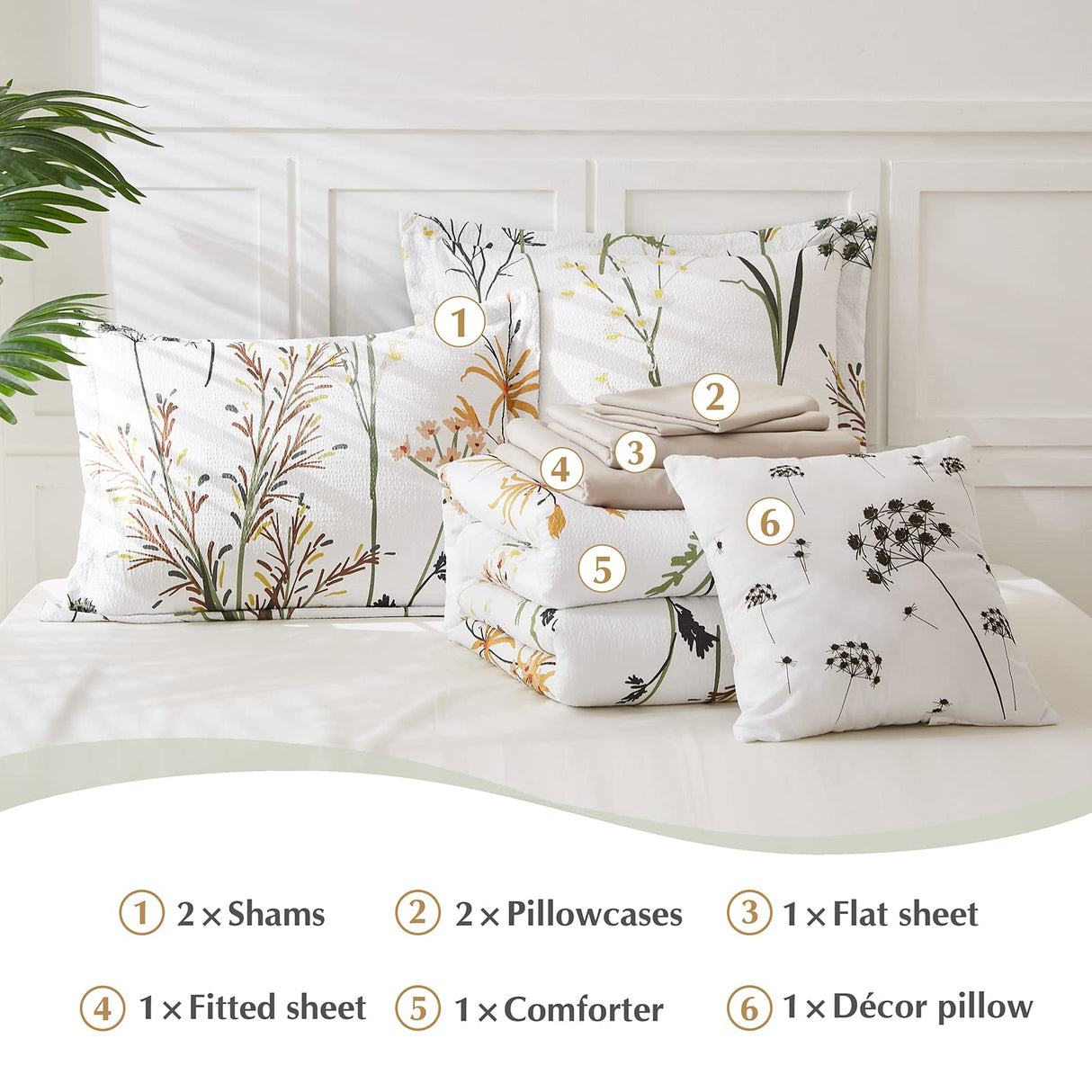 Full Comforter Set 8 PCS White & Green Dandelion Plant Comforter Set with Flowers Leaves Pattern