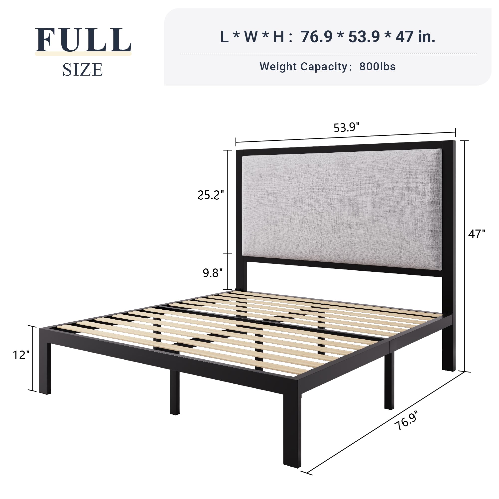 Full Size Bed Frame with 47'' Tall Upholstered Headboard