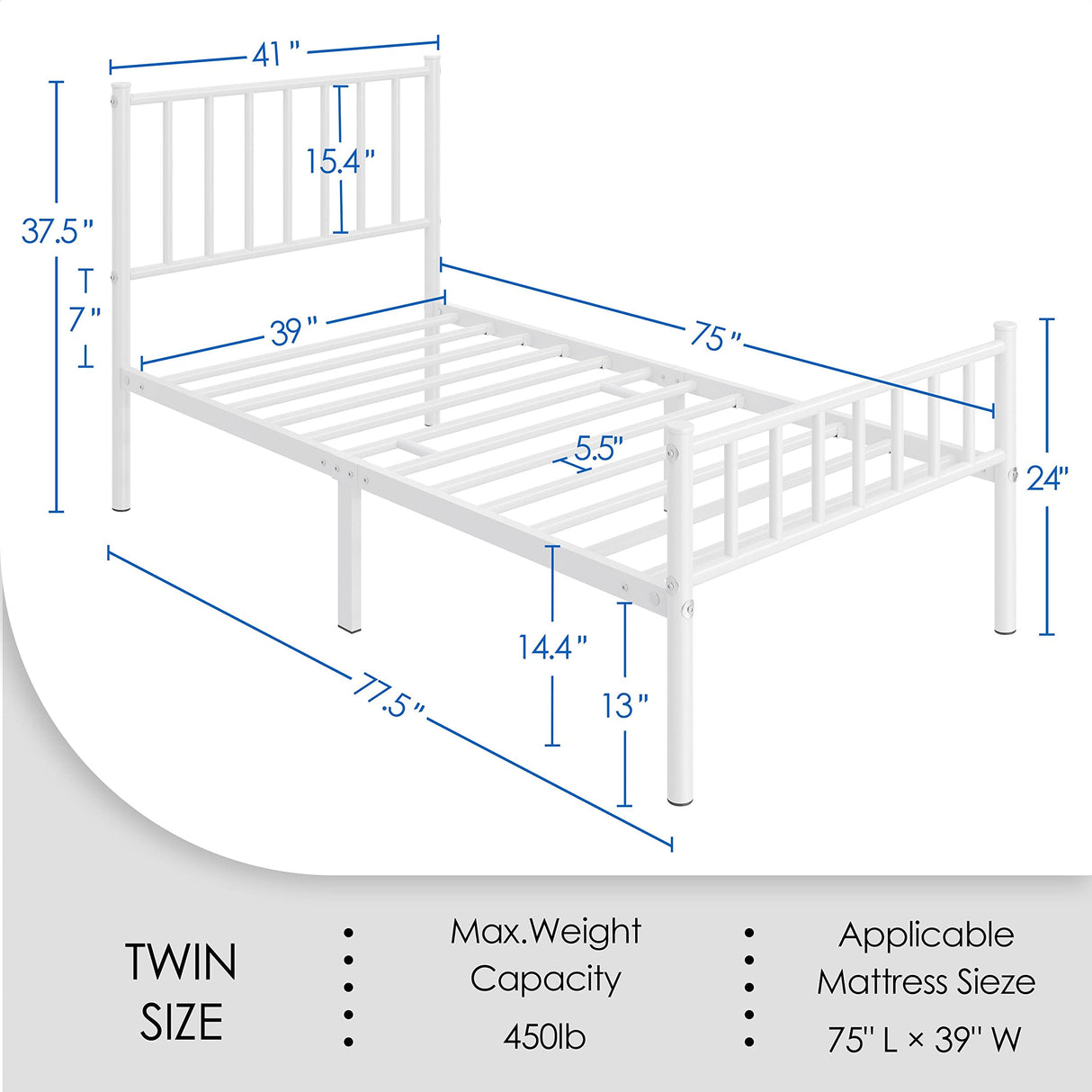 Twin Size Bed Frame Metal Platform Mattress Foundation with Spindle Headboard