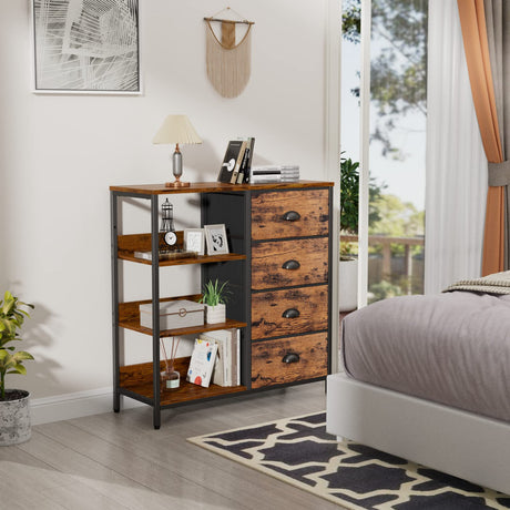 Fabric Dresser with 4 Drawers and Side Shelf,Industrial Lightweight Storage Unit Organizer