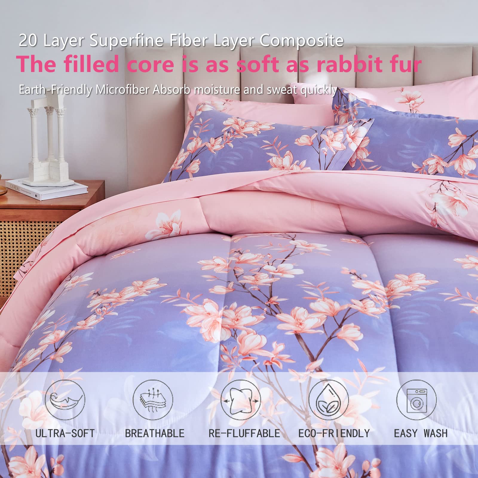 Pink and Light Purple Queen Comforter Set with Sheets, Bed in a Bag 7-Pieces