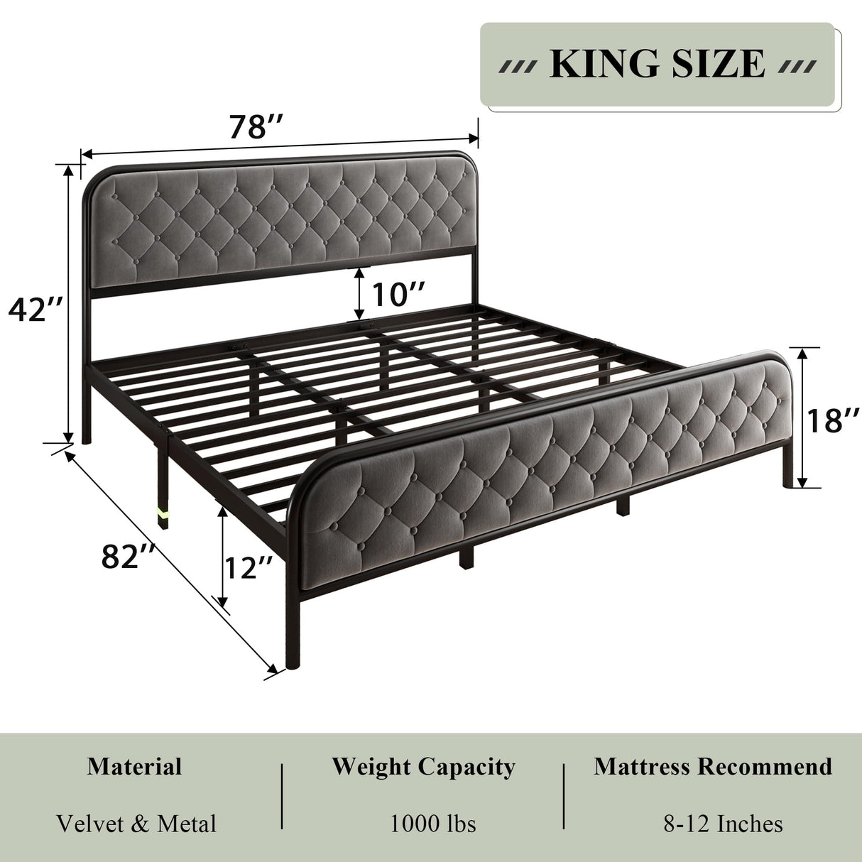 King Size Bed Frame, Upholstered Bed Frame with Diamond Tufted Headboard