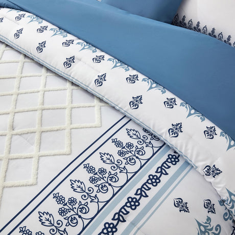 8 Pieces Blue Floral White Tufted Bedding Bed in a Bag Sets