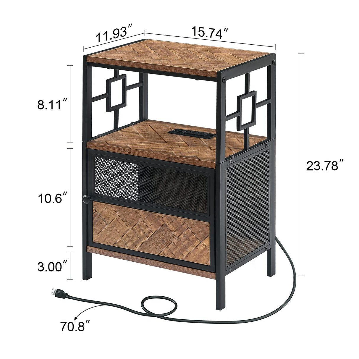 End Table with Charging Station, Industrial Side Table with USB Ports and Outlets, Bedside Tables with Door, 3-Tier Nightstand