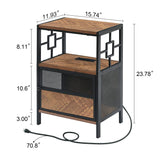 End Table with Charging Station, Industrial Side Table with USB Ports and Outlets, Bedside Tables with Door, 3-Tier Nightstand