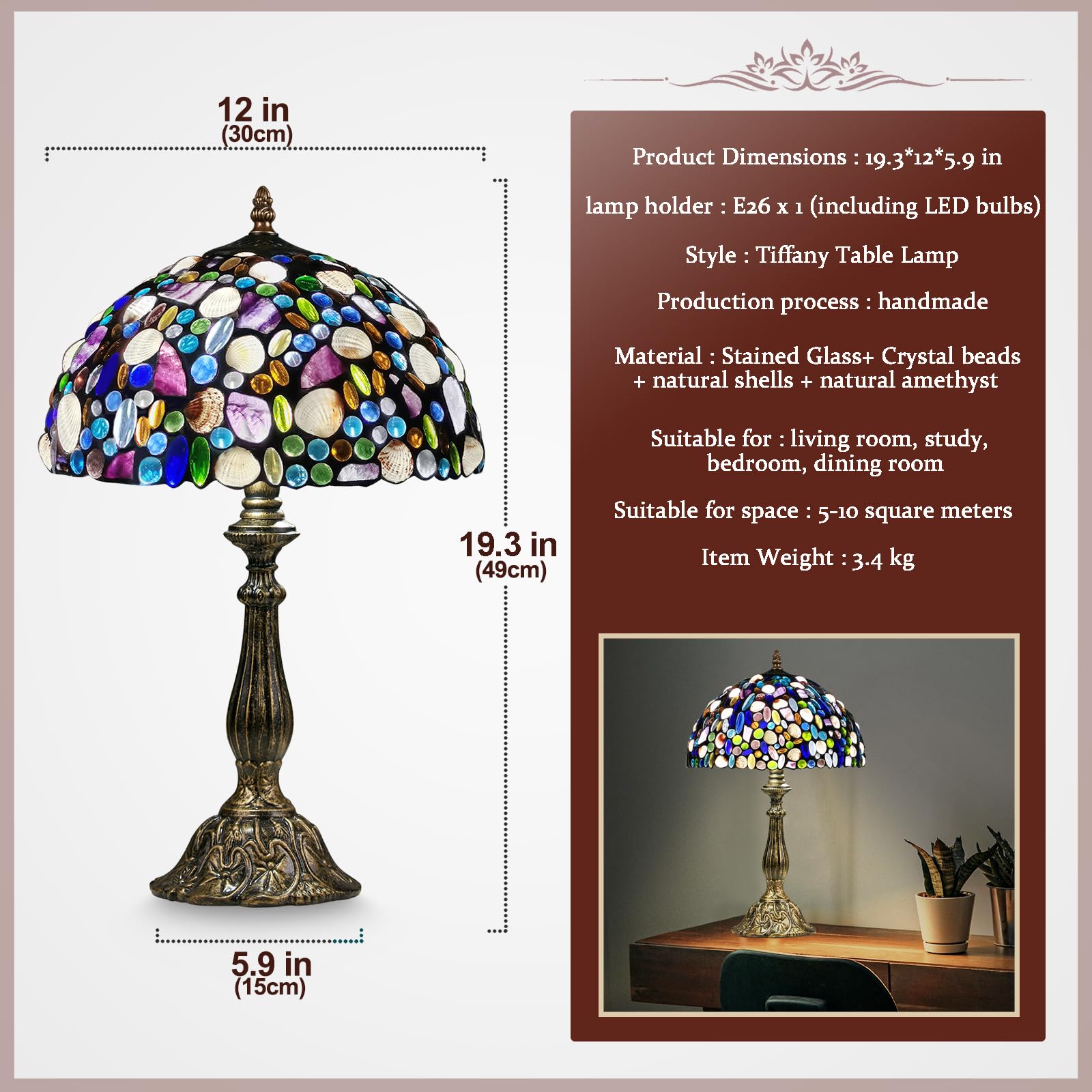 Tiffany Table Lamp,Stained Glass Lamp with Natural Shell and Amethyst,12" Vintage
