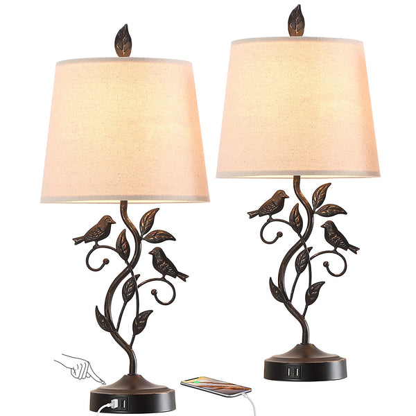 Set of 2 Touch Control Living Room Table Lamps with 2 USB Ports