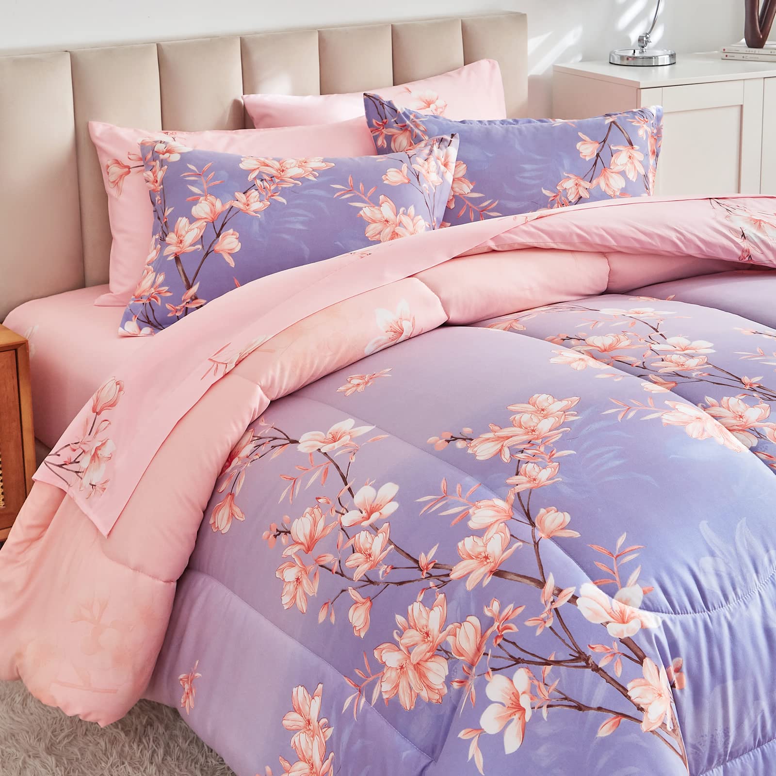 Pink and Light Purple Queen Comforter Set with Sheets, Bed in a Bag 7-Pieces