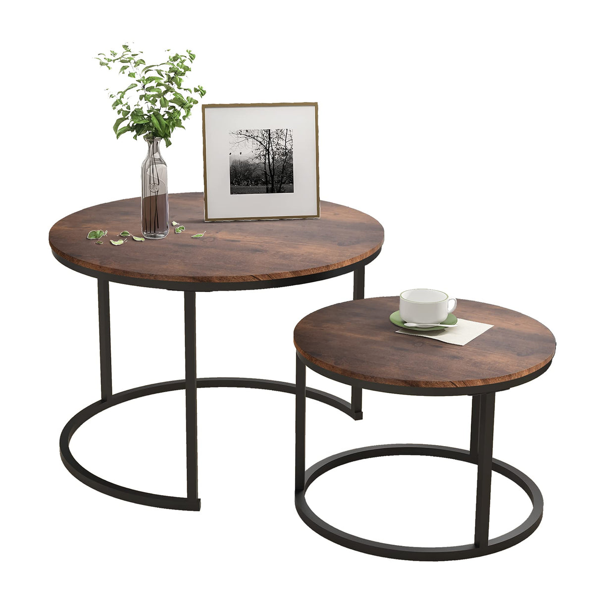 Industrial Round Coffee Table Set of 2 End Table for Living Room, Stacking Side Tables