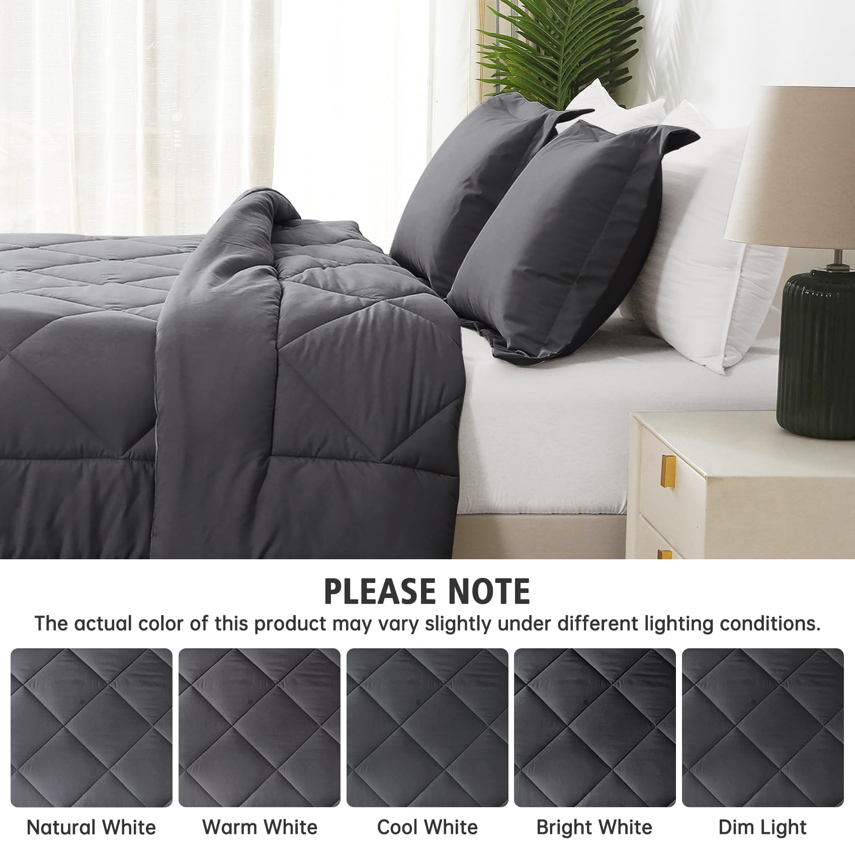 Dark Grey Queen Comforter Set, Reversible Bed in a Bag Bedding Set for All Seasons
