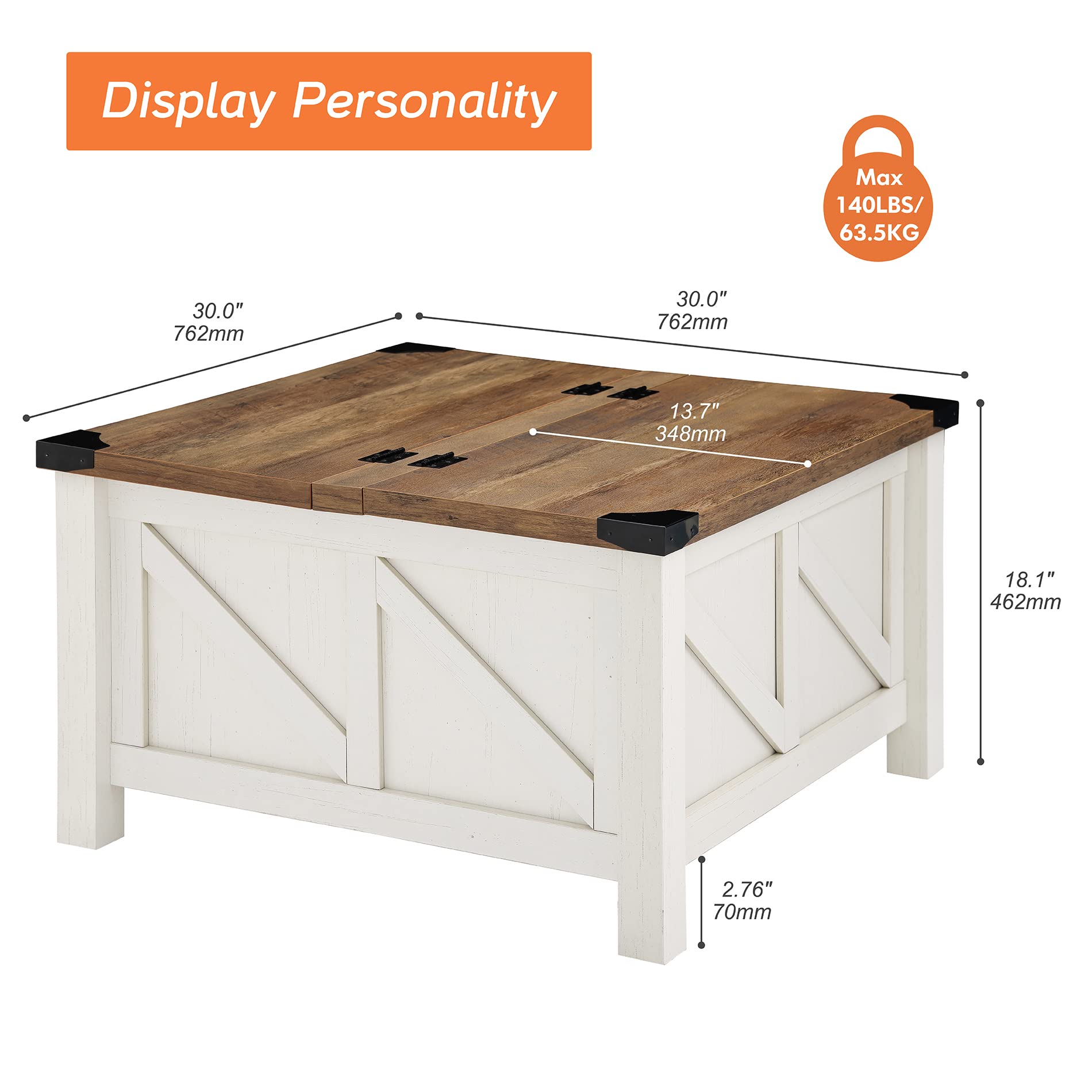 Square Wood Center Table with Gas Struts Lift-Top for Extra Large Hidden Storage