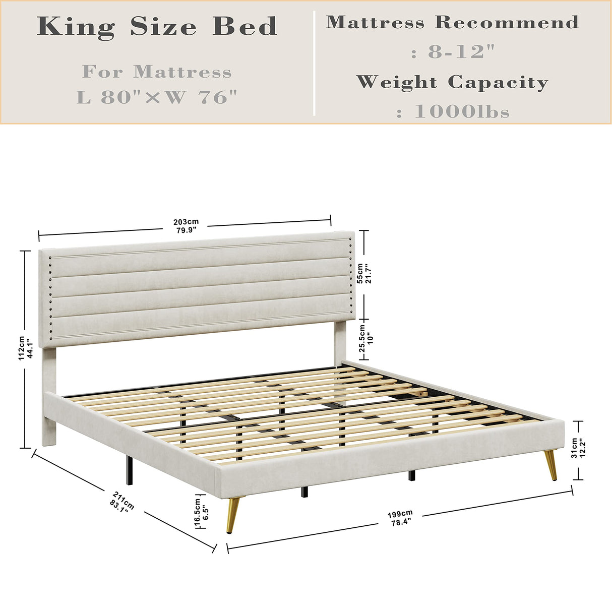 King Size Bed Frame, Upholstered Platform Bed King with Headboard Heavy Strong Metal