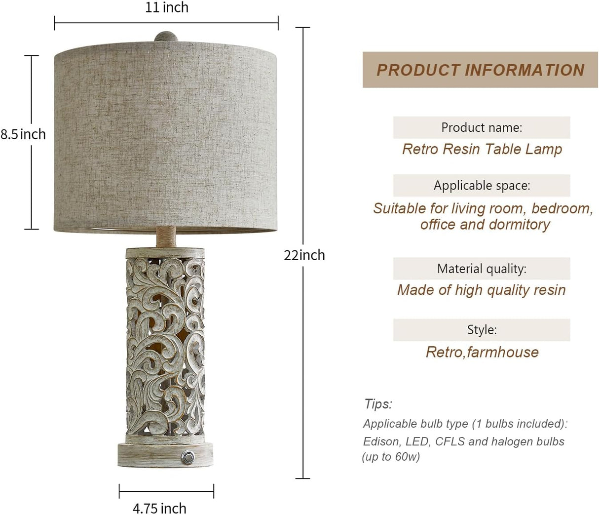 3-Way Dimmable 22'' USB A+C Touch Control Table Lamp