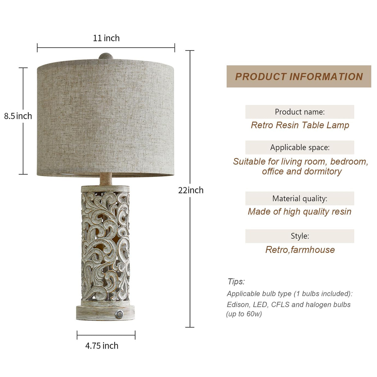 3-Way Dimmable 22'' USB A+C Touch Control Table Lamp