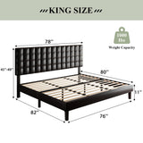 King Size Bed Frame with Square Stitched Headboard, Faux Leather