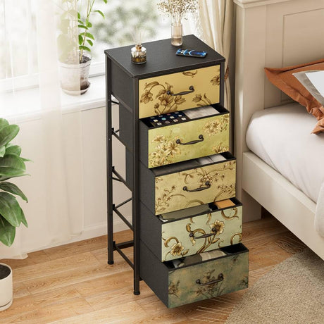 Vertical Dresser for Bedroom, Tall Skinny Storage Tower with 5 Fabric Drawers