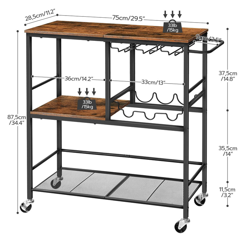 Bar Cart for The Home, 29.5 inches 3-Tier Serving Cart with Wheels